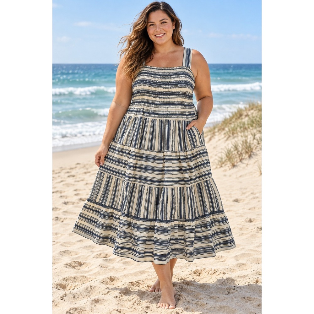 Terra & Sky 3X 24W-26W Tiered Midi Sundress Navy Stripe Smocked NWT Pockets